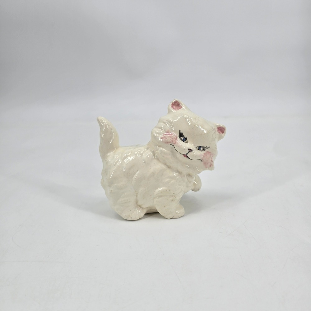 Vintage 1950s Ceramic White Kitten Figurine Hand Painted Blue Eyes Kitsch Cat
